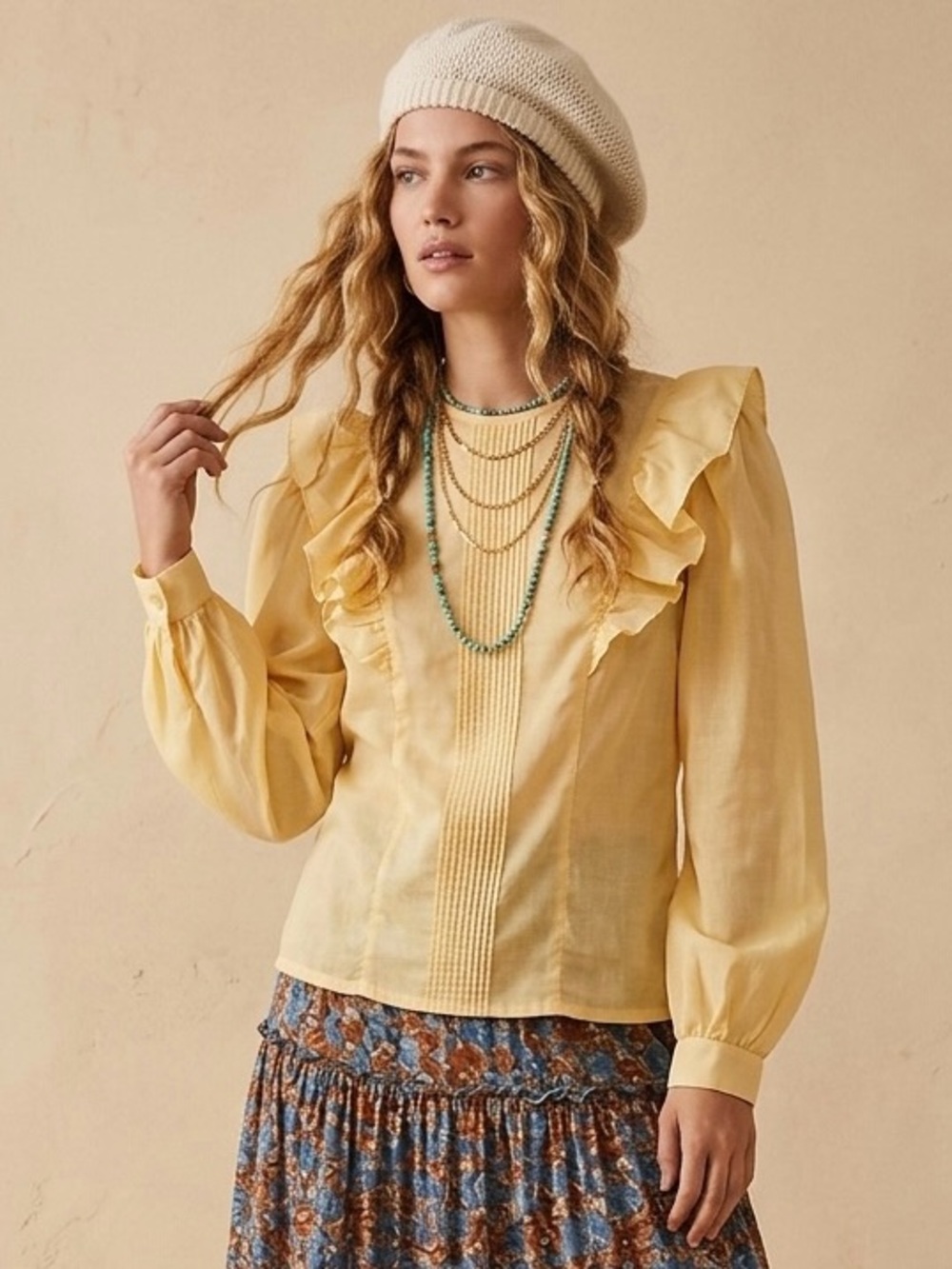 Vintage 70s You Babes Pastel Yellow Ruffle Tuxedo Pleat Blouse Back Button Sz S - Picture 16 of 16